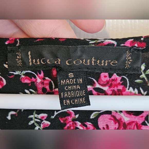 Lucca Couture | Black dress with bright pink flowers | V-neck - Picture 4 of 7